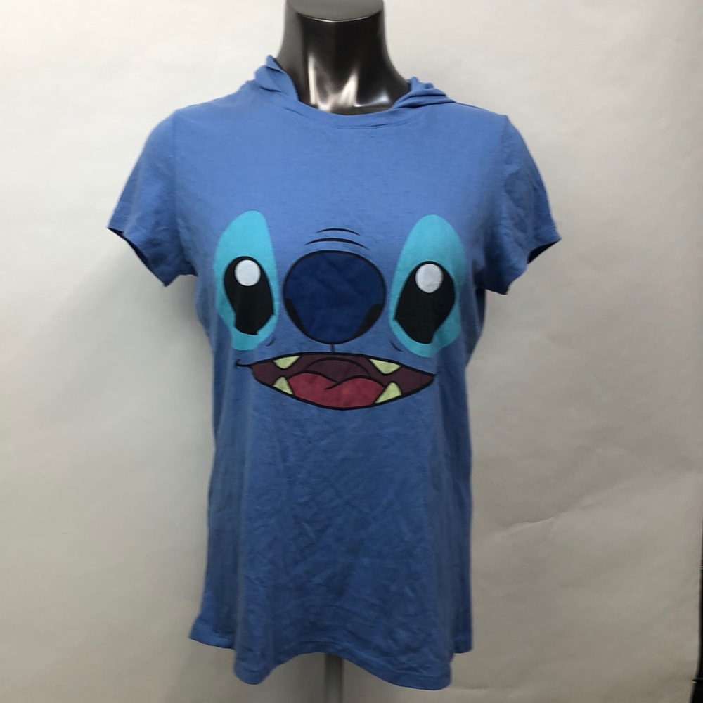 Blue Disney Stitch hooded short sleeve tee L (11-13) NWOT